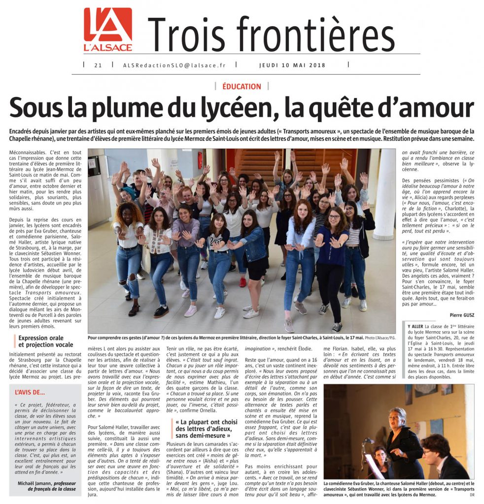 Le journal "L'Alsace" présente la résidence de médiation et de création à Saint-Louis (68) - mai 2018